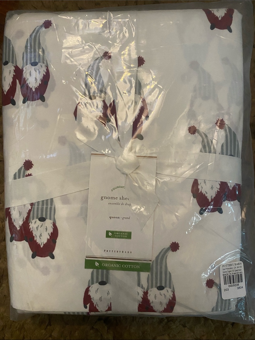 Pottery Barn Gnome Sheet Set in White with Red & Gray Print